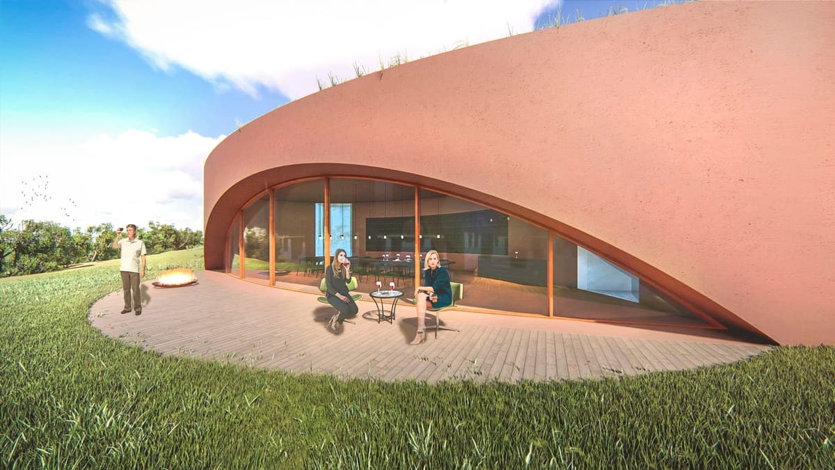 Rendering of visitors with wine on a timber terrace outside the winery's curved glazed tasting room