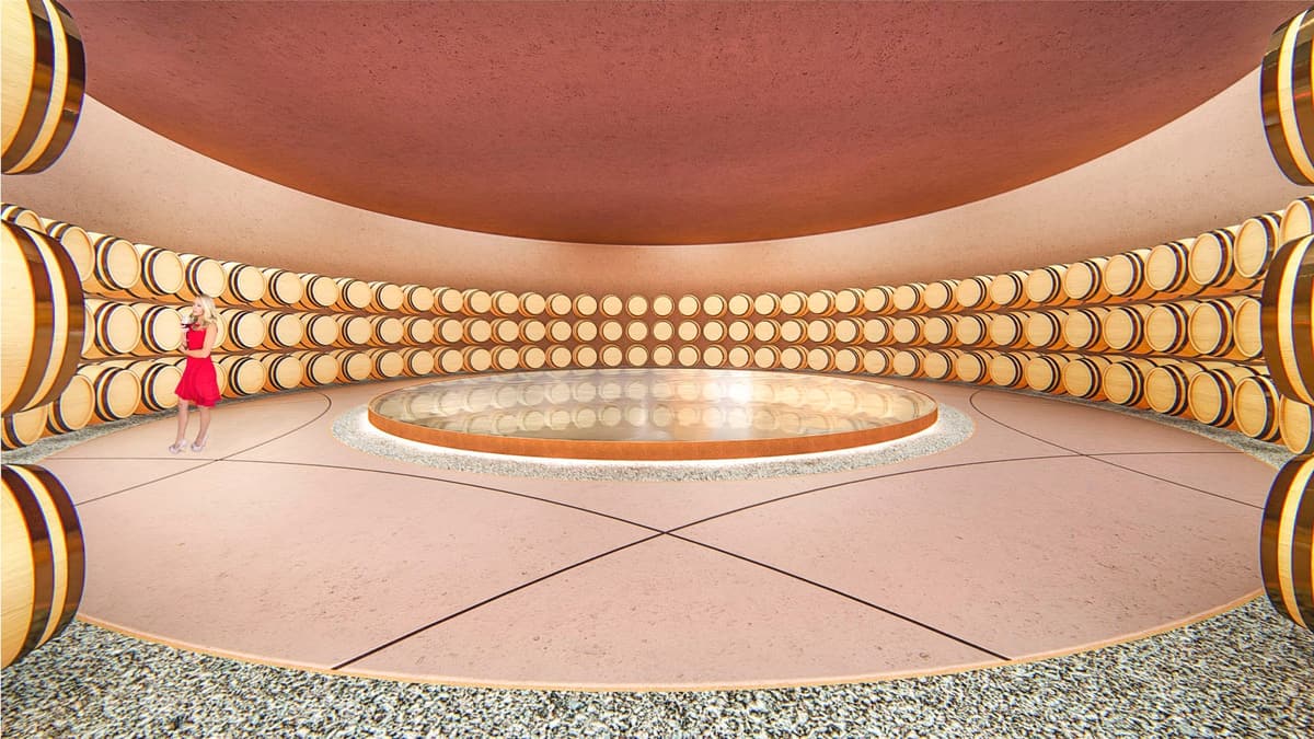 Rendering of a circular barrel cellar with oak barrels stacked along curved walls around a central water basin