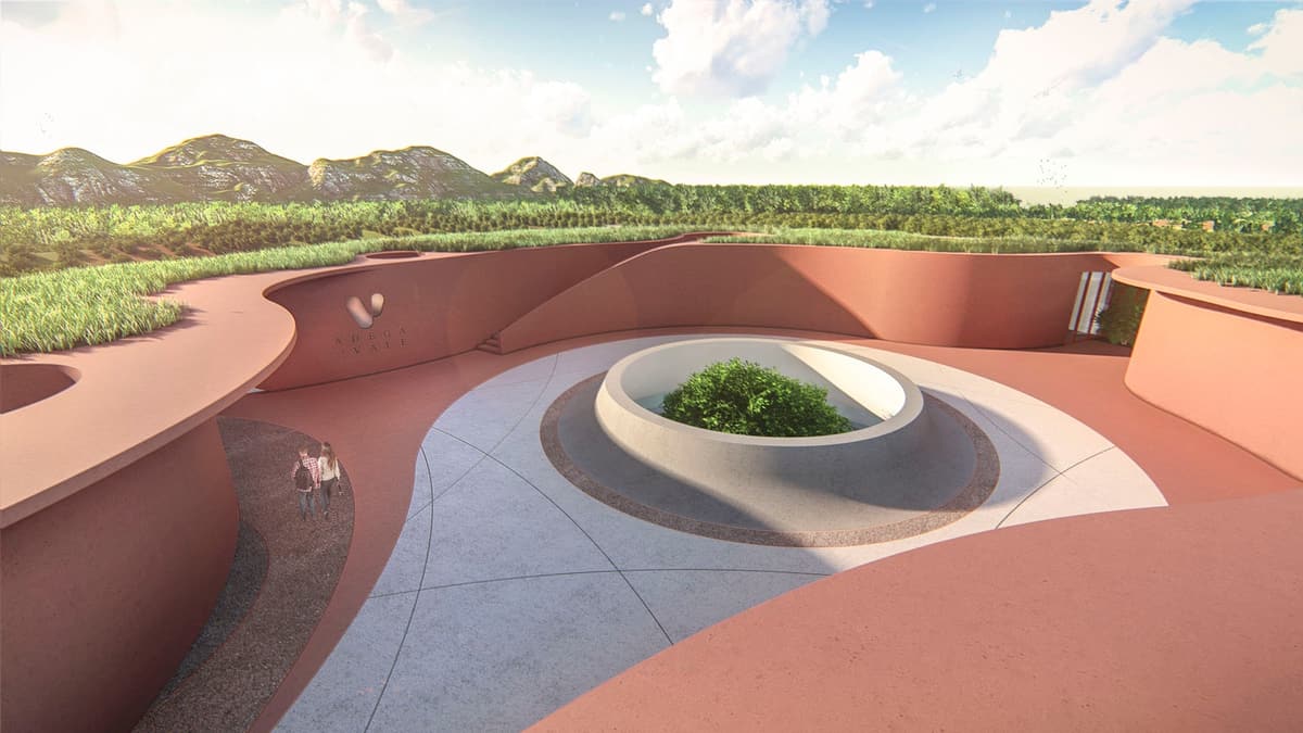 Rendering of the winery's open central courtyard with a planted light well, curved walls and hills beyond